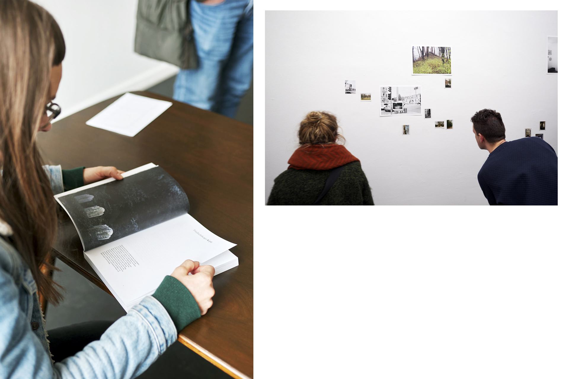 Eine Person sieht sich das Buch ELW an. Zwei Ausstellungsbesuchende vor einer Wand voller Bilder.